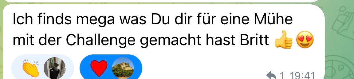 Nachricht einer Teilnehmerin aus der Telegram-Gruppe der 7-Tage Award Suche Challenge