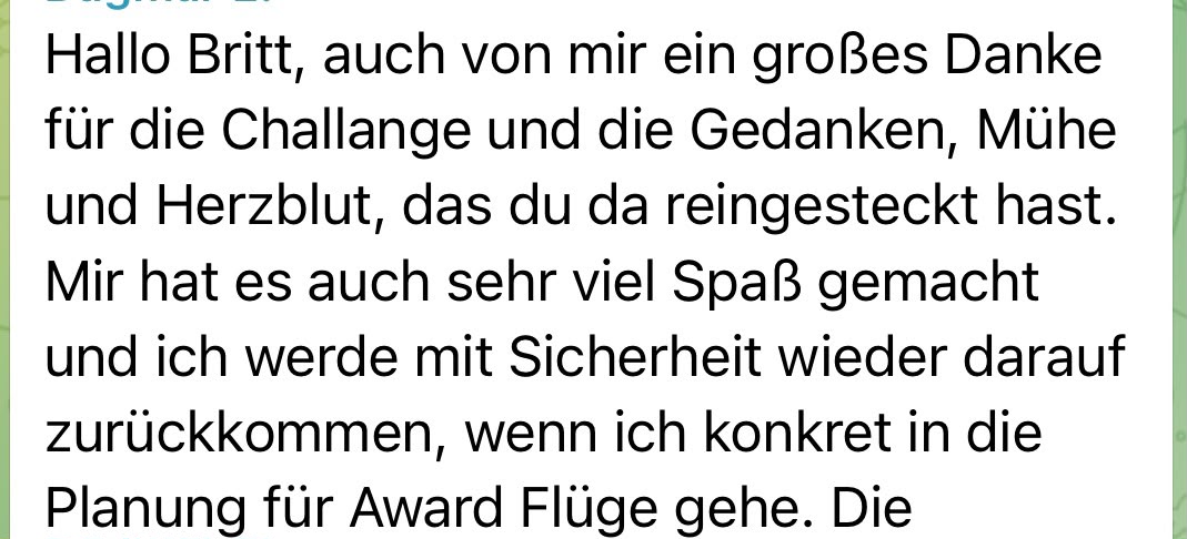 Nachricht einer Teilnehmerin aus der Telegram-Gruppe der 7-Tage Award Suche Challenge