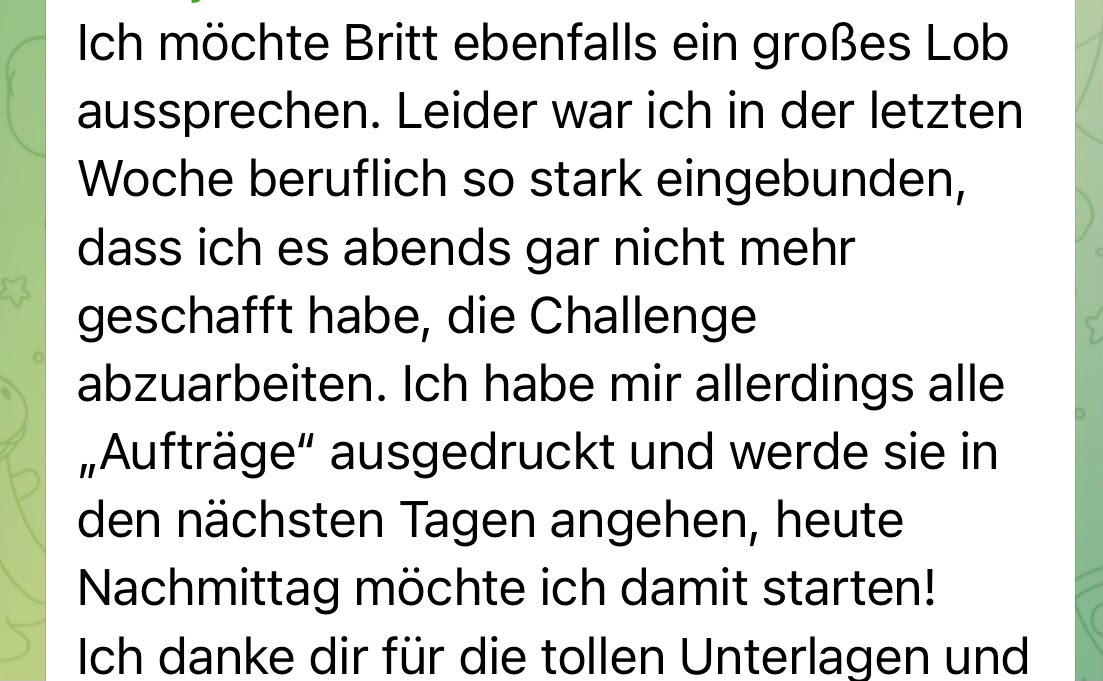 Nachricht einer Teilnehmerin aus der Telegram-Gruppe der 7-Tage Award Suche Challenge
