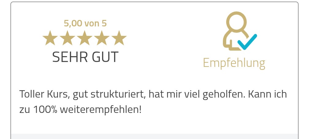 ProvenExpert-Bewertung: Toller Kurs, gut strukturiert, hat mir viel geholfen.