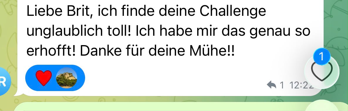Nachricht einer Teilnehmerin aus der Telegram-Gruppe der 7-Tage Award Suche Challenge