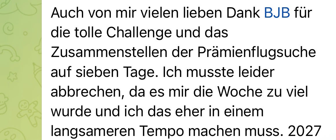 Nachricht einer Teilnehmerin aus der Telegram-Gruppe der 7-Tage Award Suche Challenge