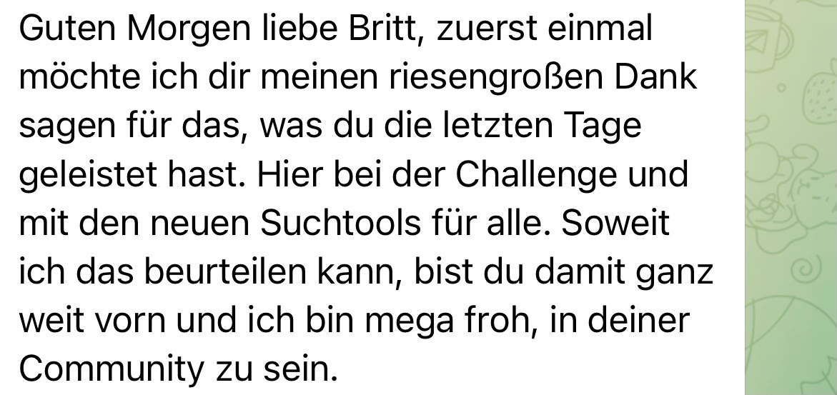 Nachricht einer Teilnehmerin aus der Telegram-Gruppe der 7-Tage Award Suche Challenge