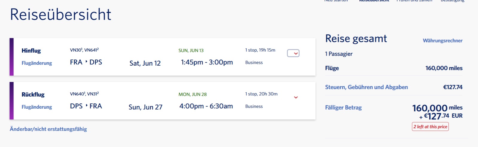 Echter Screenshot der Reiseübersicht: Frankfurt nach Denpasar Bali und zurück in Business Class für 160.000 Meilen plus 127,74 Euro Steuern und Gebühren, 1 Passagier