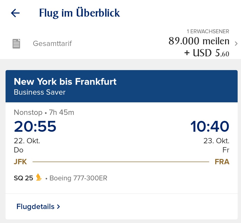 Echter Screenshot: Singapore Airlines SQ25 Business Saver von New York JFK nach Frankfurt, nonstop, 89.000 Meilen plus 5,60 USD