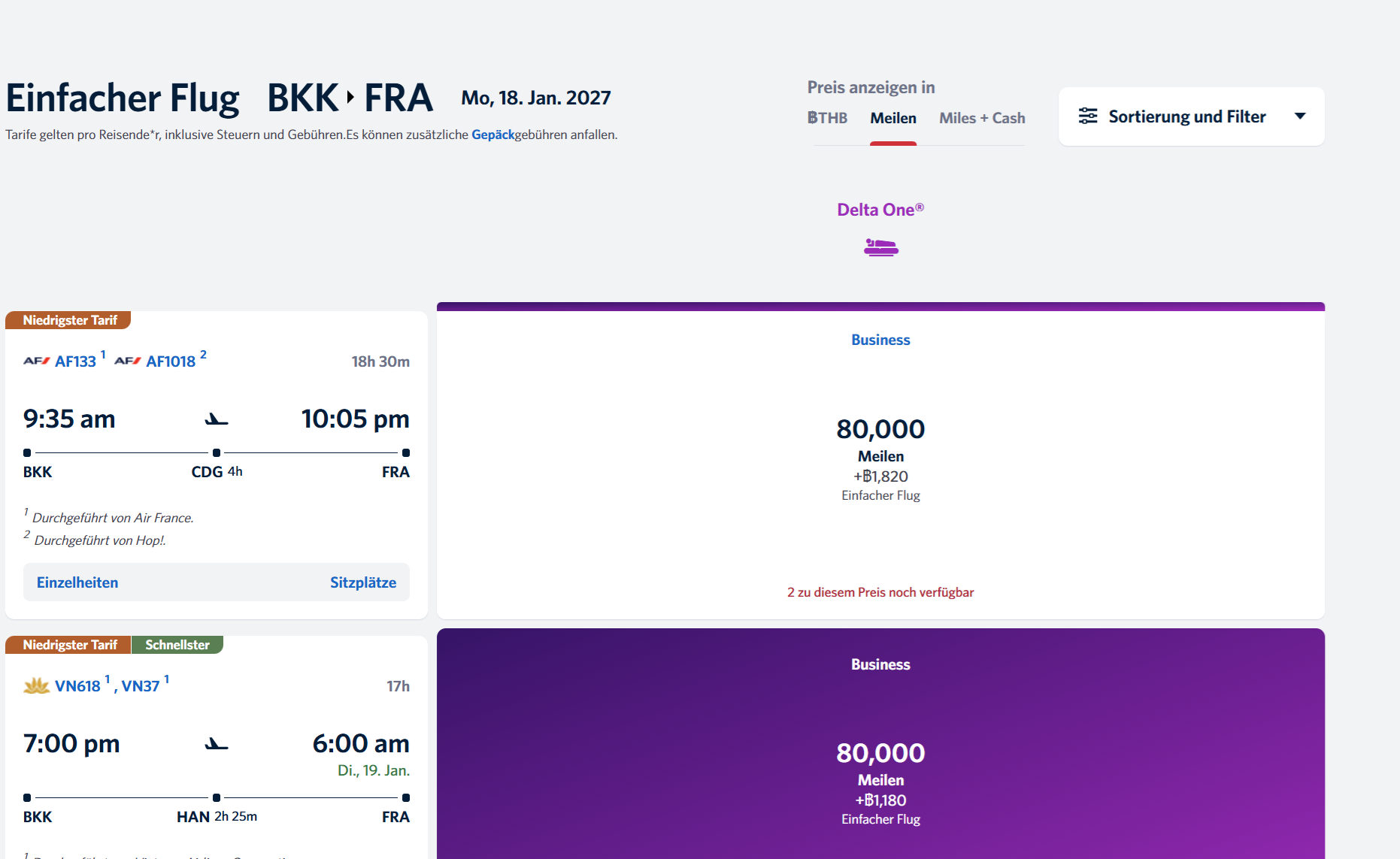Echter Screenshot der Award-Suche Bangkok nach Frankfurt am 18. Januar 2027: Business Class für 80.000 Meilen mit Air France über Paris oder Vietnam Airlines über Hanoi