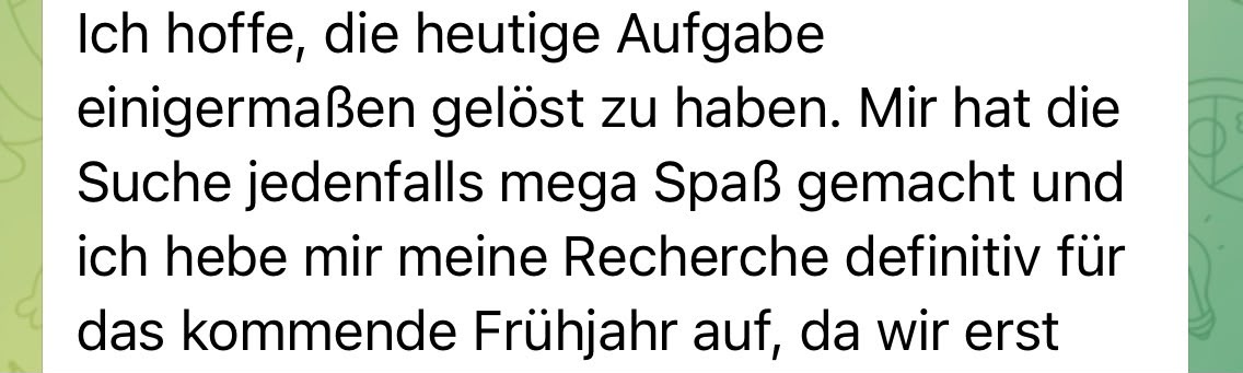 Nachricht einer Teilnehmerin aus der Telegram-Gruppe der 7-Tage Award Suche Challenge